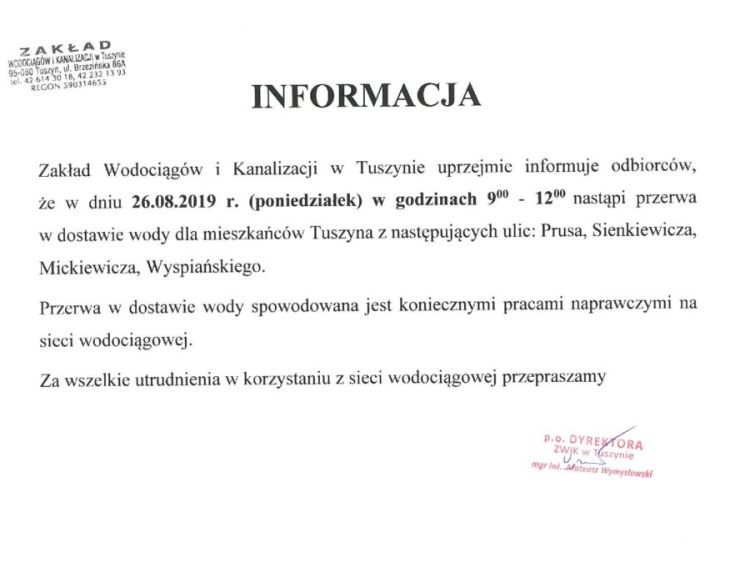 Komunikat Przerwa W Dostawie Wody Tuszyn Las 26 08 2019 Page 001 1