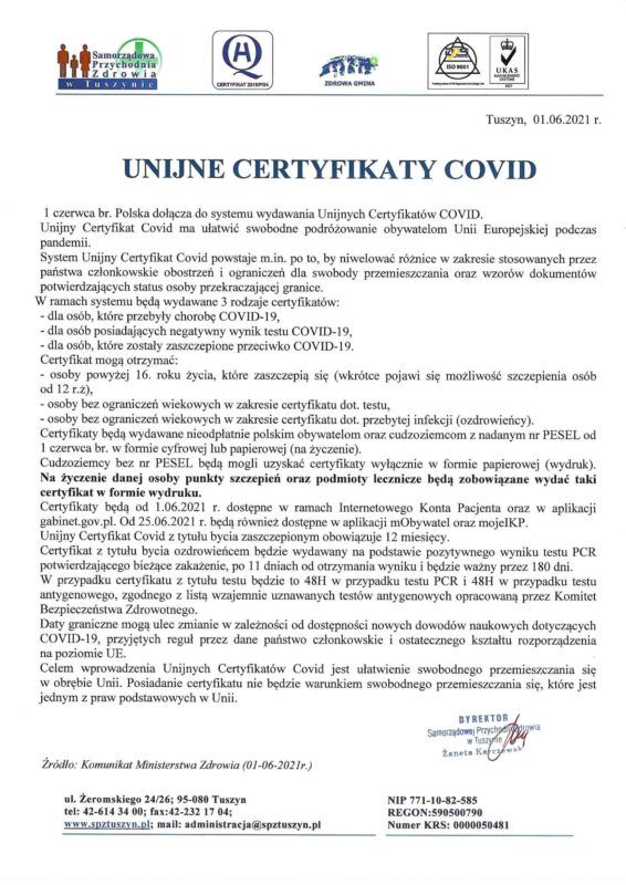 Certyfikaty COVID